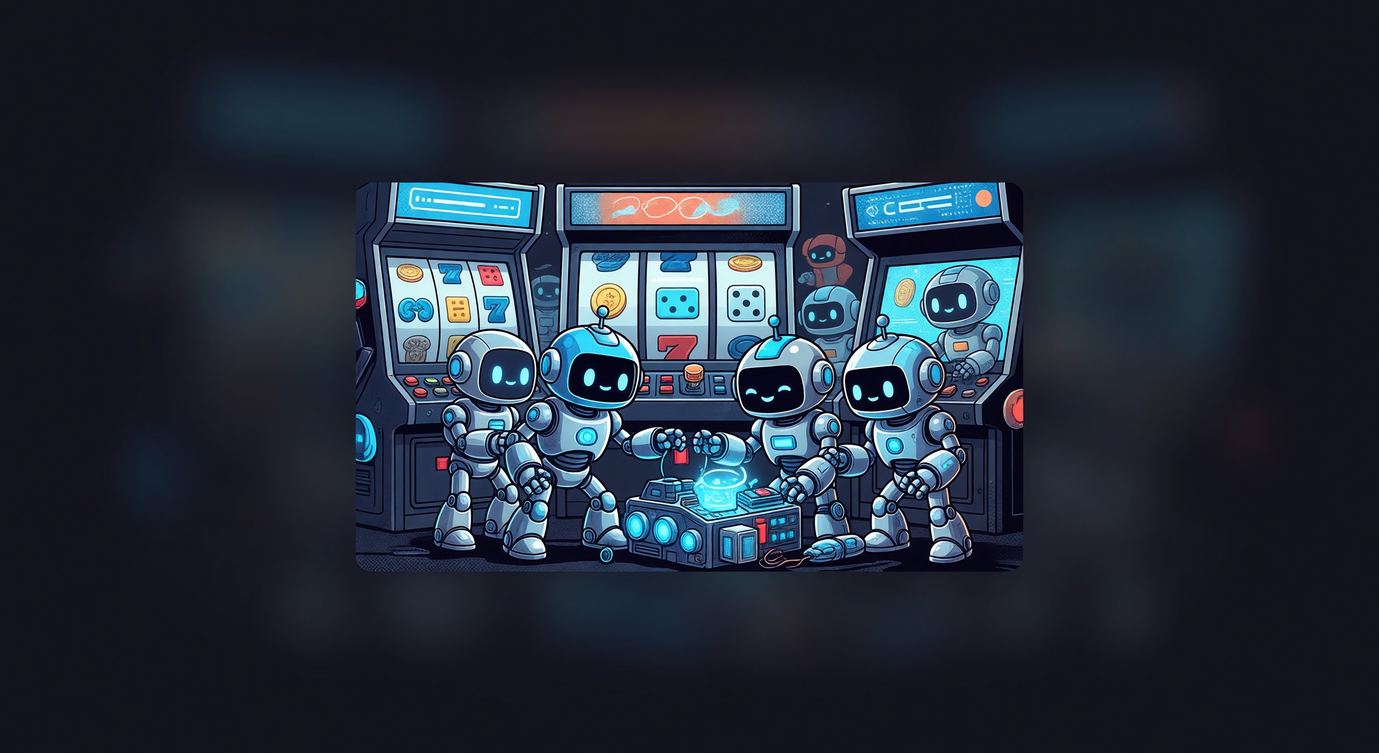 Colorful cartoon robots in a neon arcade setting