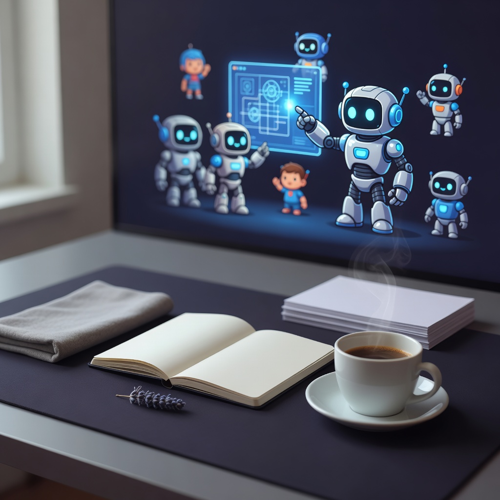 Cartoon robot workshop scene with neon lighting